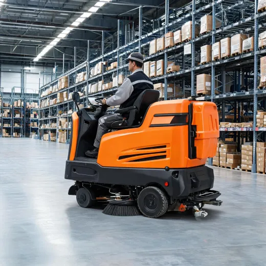 Ride-on floor scrubber for logistics facility