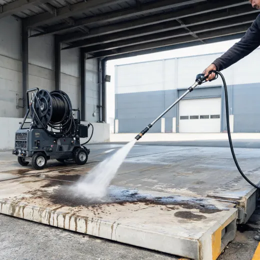 Cold water pressure washer cleaning loading dock