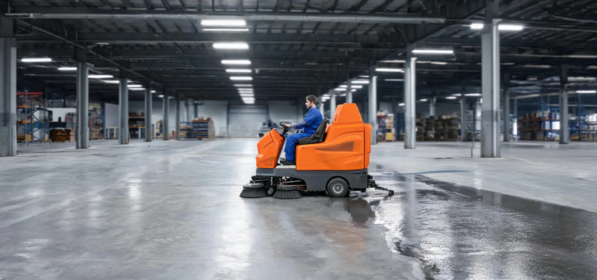 Clarke floor scrubber cleaning a warehouse aisle