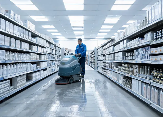 Retail floor cleaning before opening