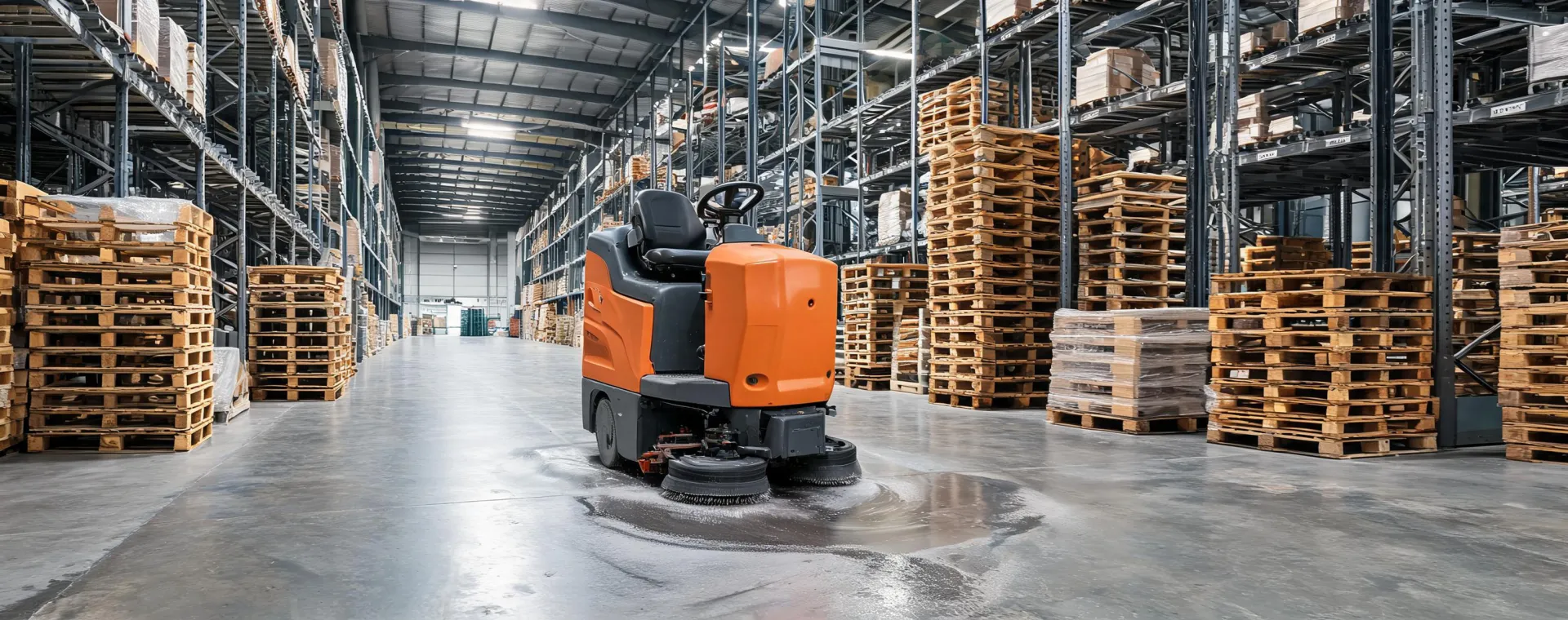 Clarke cleaning machine in a large logistics facility